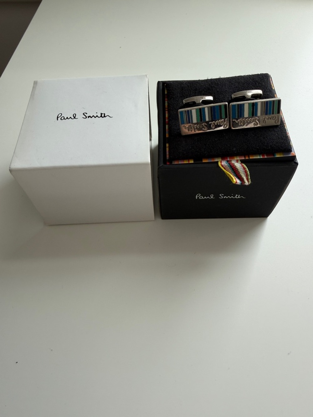Paul Smith Silver-Tone Cufflinks with Blue, Green, and Teal Stripes